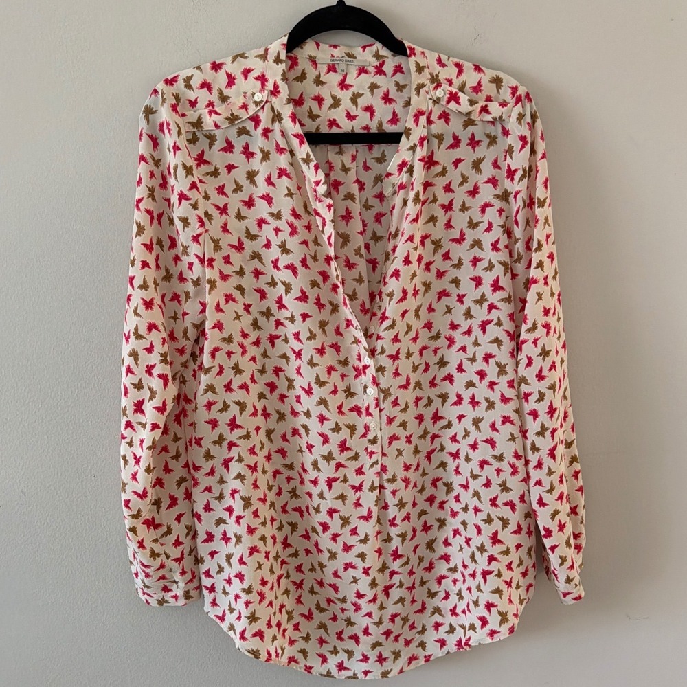 Gerard Darel Silk Butterfly Print Blouse White Pink Brown French Size 36